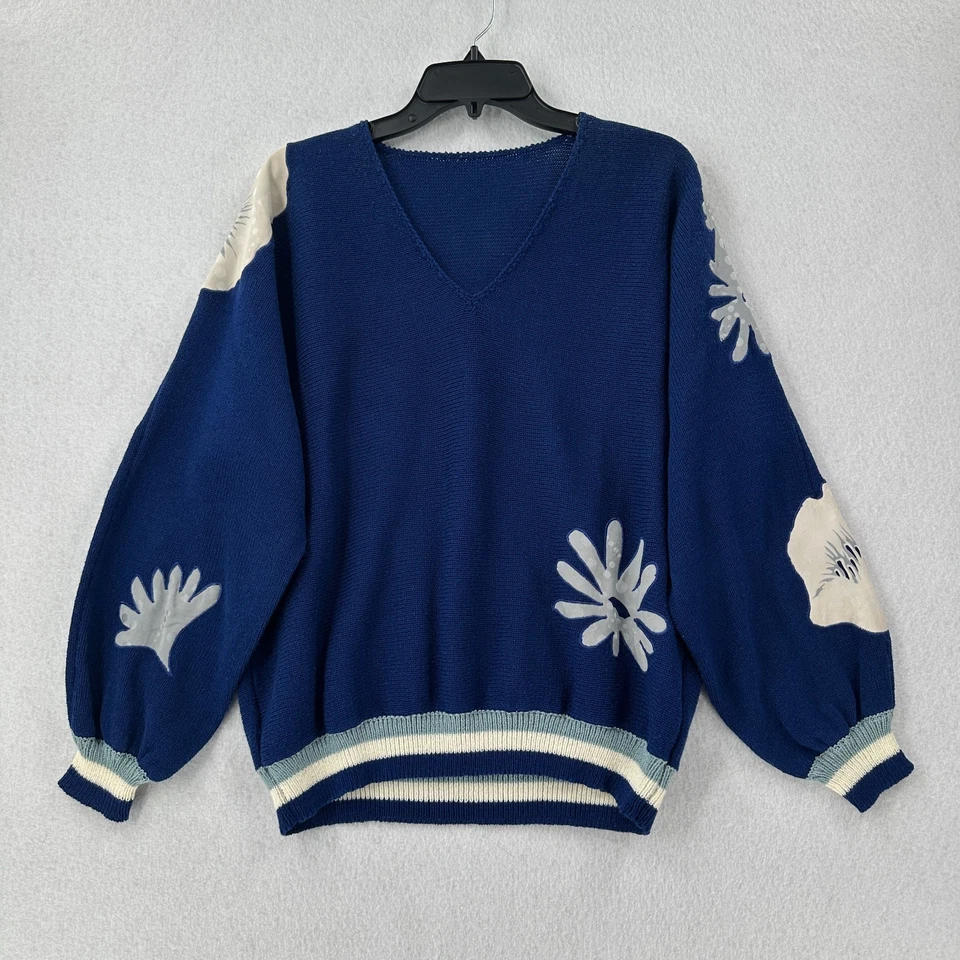 Conjunto de Suéter y Falda 100% Seda Artística Floral Modesto Abstracto Azul De Colección Talla 12 Foto 2 de 4