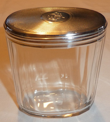 Vintage Paneled Oval Crystal Glass Vanity Jar Pot w Sterling Silver Lid Monogram
