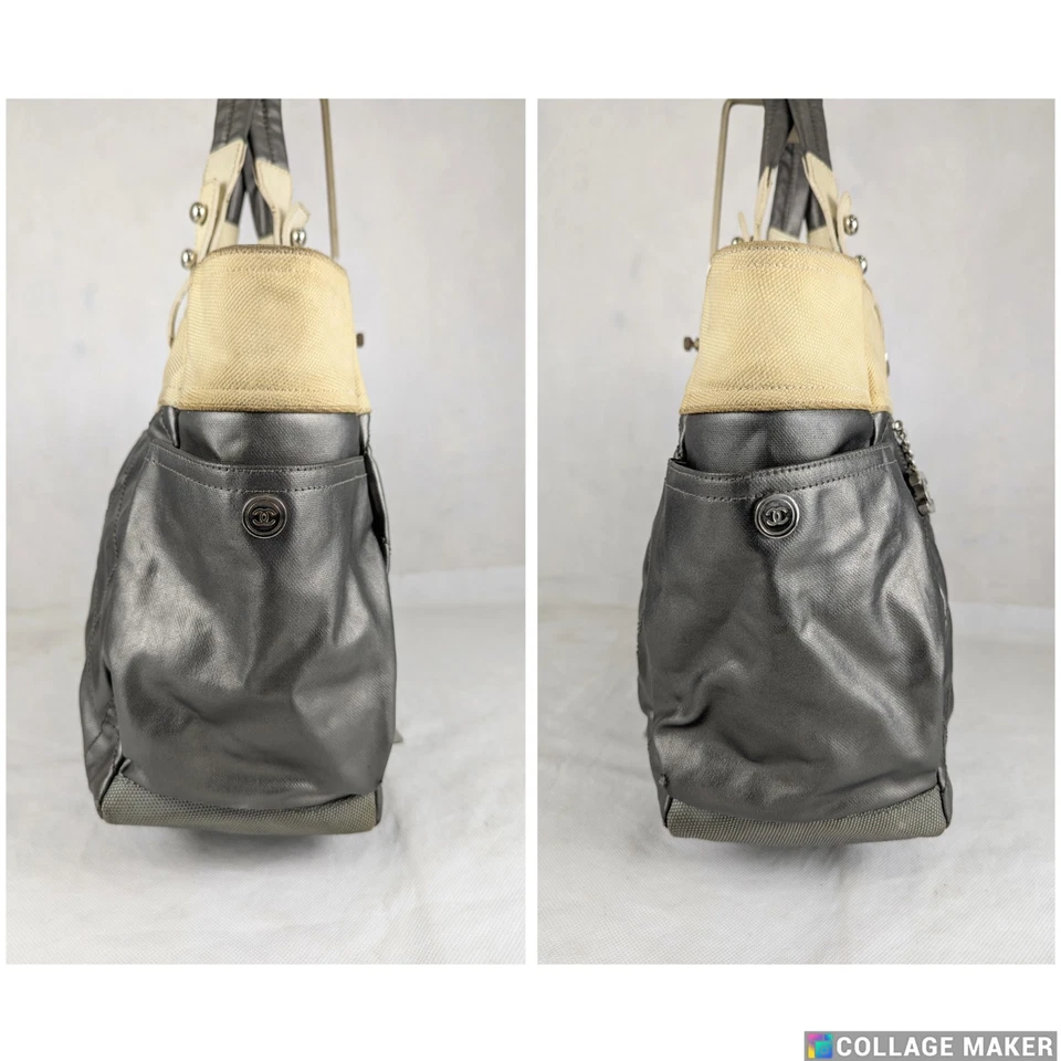 Authentic Chanel Paris Biarritz GM Tote Bag Silvery Cream Handbag Made in Italy - Image 3 of 4