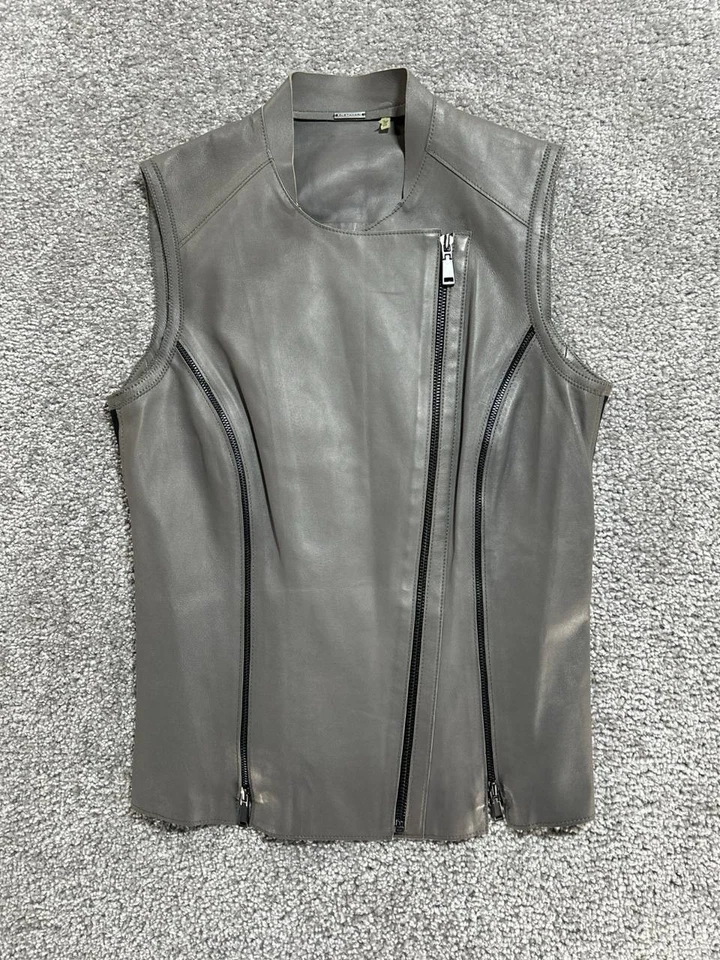 Colete de motociclista feminino Elie Tahari XS cinza couro de cordeiro elástico assimétrico zíper completo - Imagem 2 de 4