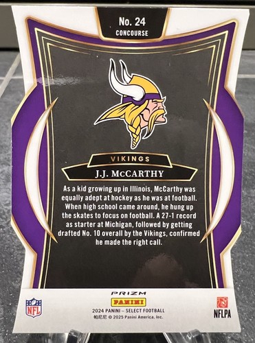 2024 Panini Select - Concourse Level JJ McCarthy Silver Holo Die Cut (RC) #24 - Picture 2 of 2