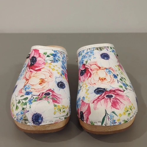 Dina Swedish Clogs Flower Festival size 38 Wooden Stapled Slip On - Picture 5 of 8