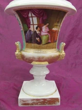 Antique Old Porcelain de Paris Empire footed urns painted courting scene 11"x8"