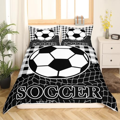 Soccer Bedding Set for Girls Boys Kids King Size Black White Comforter Cover - Picture 2 of 7