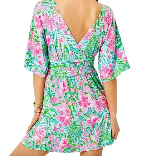 Mameluco corto Lilly Pulitzer Parigi azul rosa floral cuello en V manga aleteada talla M - Imagen 2 de 10