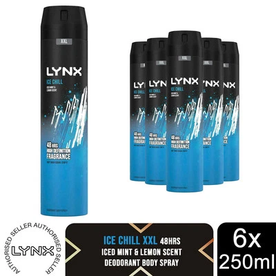 Desodorante en spray corporal fragancia alta definición Lynx XXL Ice Chill 48 horas, 6x250 ml