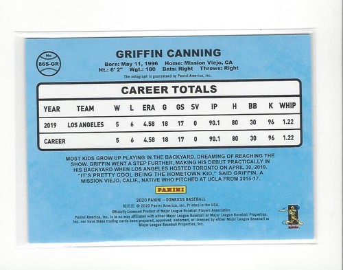 2020 Donruss Retro '86 Firme Griffin Canning AUTOGRAFO Angeli - Foto 2 di 2