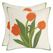 Embroidered Throw Pillow Covers 18X18 Pack of 2 Orange Tulip Pillow Covers Fl...