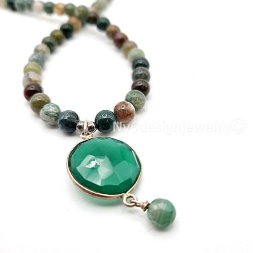 Ausgefallene Achat 6 mm Perlenkette mit grünem Onyx facettiertem Anhänger - Bild 3 von 6