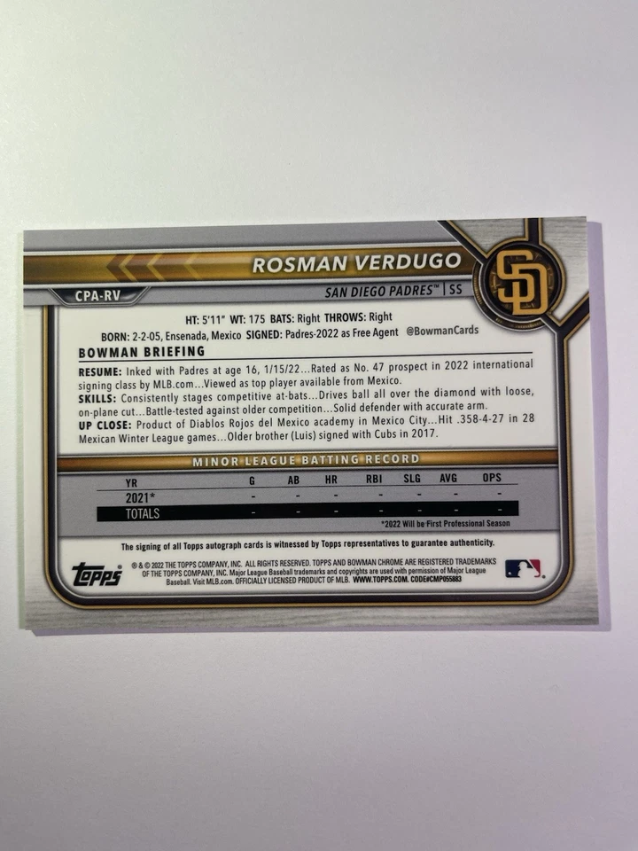 2022 Bowman Chrome Prospects Rosman Verdugo Auto #CPA-RV TS8 - Image 2 of 2