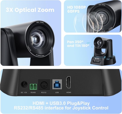 3X Optical Zoom PTZ Camera HDMI USB 3.0 1080P 60fps 114-Degree Black - Picture 2 of 10