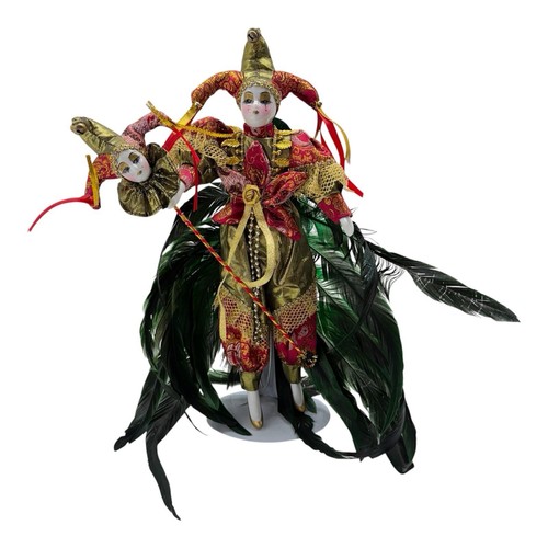 Vintage Venetian Jester Harlequin Doll Mardi Gras Figurine with Feathers & Mask - Picture 1 of 5