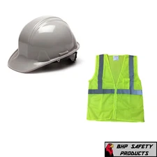 Gray Cap Style Safety Hard Hat with Hi-Vis Lime Vest Construction