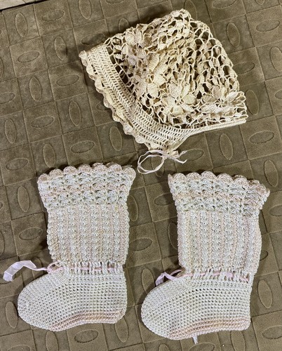 Vintage Crochet Baby Bonnet And Socks - Picture 1 of 3
