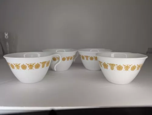 Vintage 70's Corningware Corelle Coffee Cups Butterfly Gold Hook Handle Set of 4