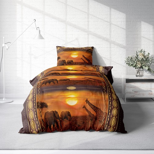 Bettwäsche 135x200 cm Afrika Safari Elefanten Giraffen Tiere braun Microfaser - Bild 2 von 5