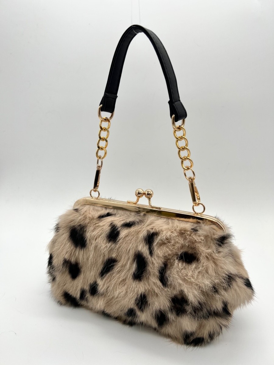 New 100% Handmade Rabbit Fur Top Handle Handbag Kiss Lock Novelty