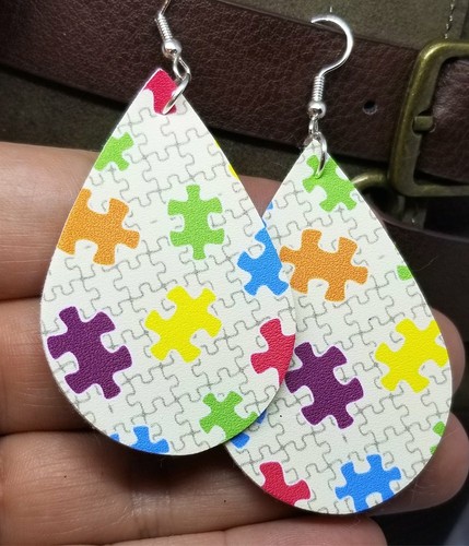Autism Awareness Puzzle Pieces Tear Drop Shaped FAUX Leather Earrings - Picture 1 of 3