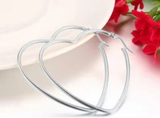 Silver Stainless Steel Sweet Heart Shape Hinged Large Hoop Earring Jewelry Girl