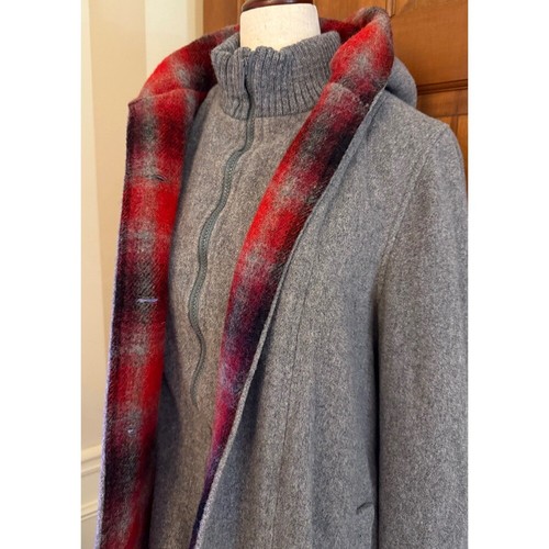 Vintage Wool Built-in Bib-Front Coat Women 14 Grey/Red Plaid Hood 60s/70s - RARE - Picture 6 of 16