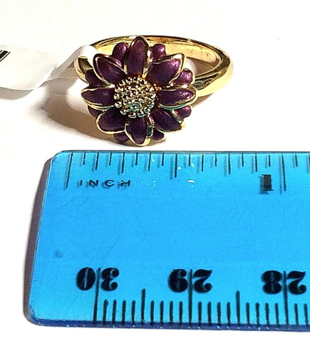 Vintage Gold Flower Cocktail Ring Size 8 Plated Burgundy Purple Enamel Island - Picture 10 of 10