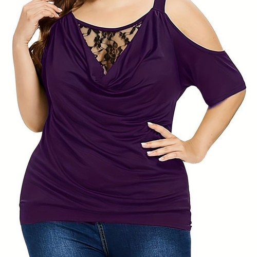 Women Cold Shoulder Lace Tops Ladies Short Sleeve Loose Summer T-Shirt Blouse - Picture 6 of 10