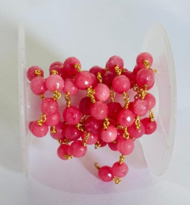 Bulk beaded jewelry making rosary chain, 8mm pink jade gemstone wire wrap  chain