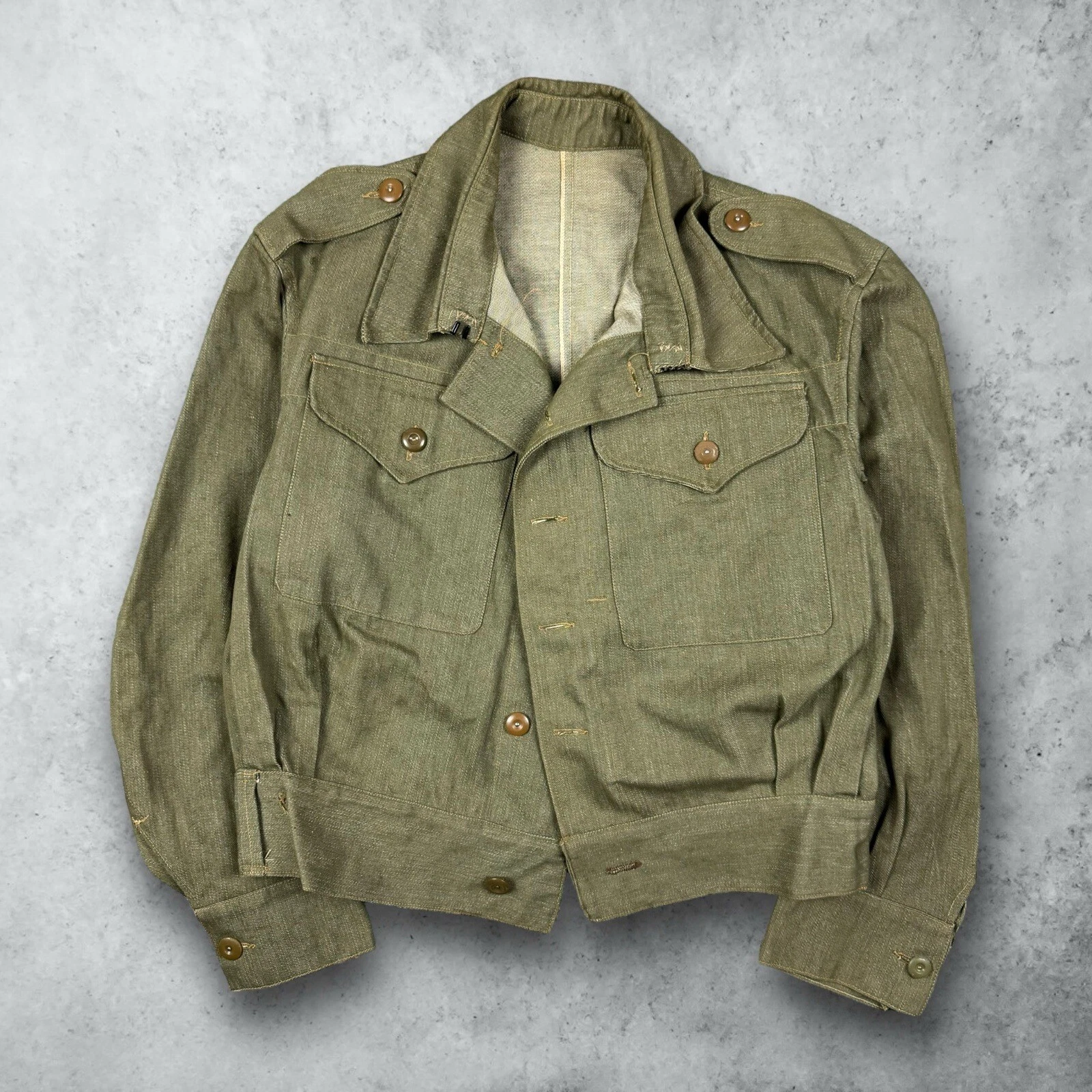 Vintage 1945 British Army Green Denim Work Jacket MINT Size 6 Blouse Overalls