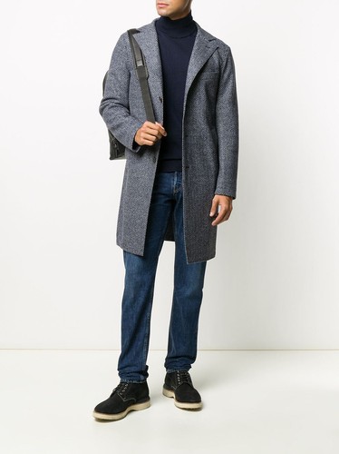 ELEVENTY - Blue Herringbone Suede Detail Logo Button Coat - 44R (54 EU) - Picture 3 of 5