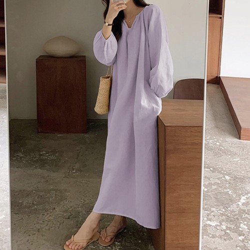 Womens Plain Dress Sleepwear Loose Nightgown Long Sleeve Casual Retro Pajamas - Picture 12 of 16