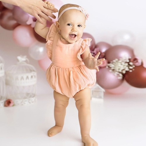 Cotton Pink Baby Romper, First Birthday Smash Cake Outfit Girl, Infant Clothes - Foto 12 di 17