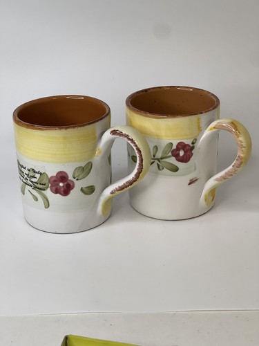 HOME Coffee Mug Cup Set of 2 Hand Made in Italy Yellow Pink Floral Design Large - Picture 2 of 10