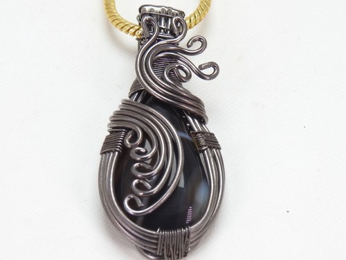 Black Strip Agate Brass Pendant Silver Oxidised Polished Wire Wrapped Jewelry - Picture 3 of 8