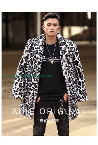 Winter Faux Rabbit Fur Mens Coat Mid-length Fur Leopard Thickened Windbreaker - Picture 8 of 26