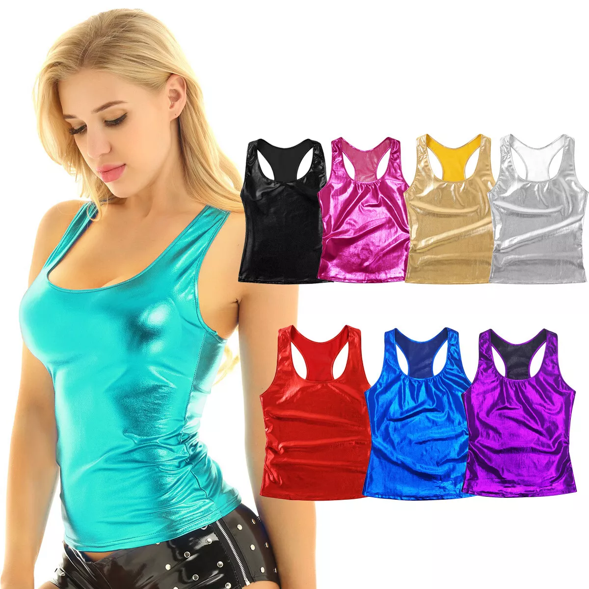 Sexy Women's Shiny Metallic Slim Fit Crop Top T-shirt Blouse Cami