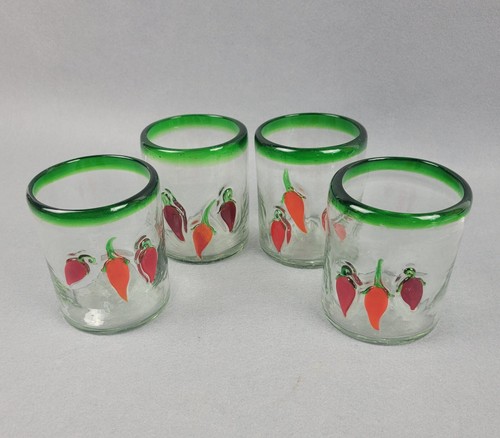 4 mundgeblasene rote Chilischote Gläser mit grünem Rand Mexiko Barware Cinco de Mayo - Bild 2 von 19