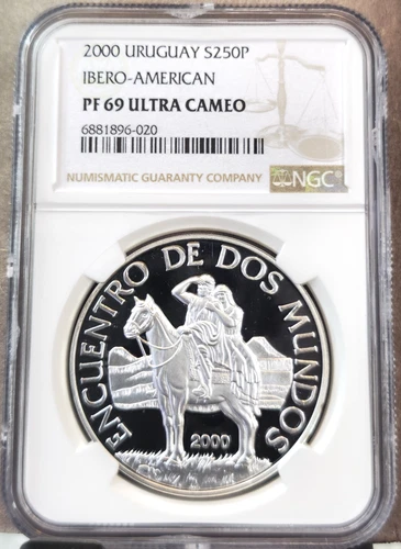 2000 URUGUAY SILVER 250 PESOS MAN & WOMAN ON HORSEBACK NGC PF 69 ULTRA CAMEO GEM