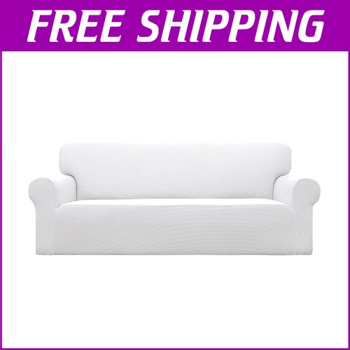 Elegant Snow White Stretch Sofa Slipcover with Elastic Bottom - Easy Care