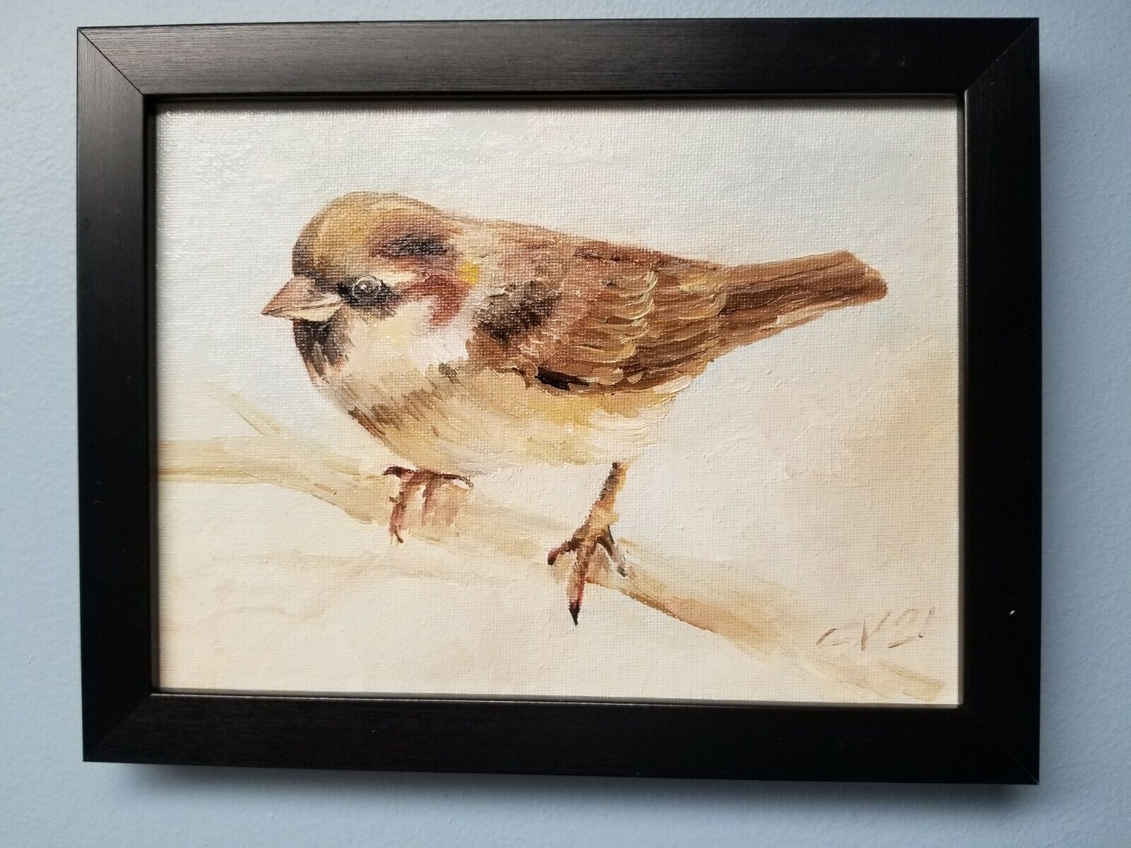 Sparrow. Original oil painting Backyard bird. Fine art. 6×8  Framed Ograniczona SPRZEDAŻ, cena zysku