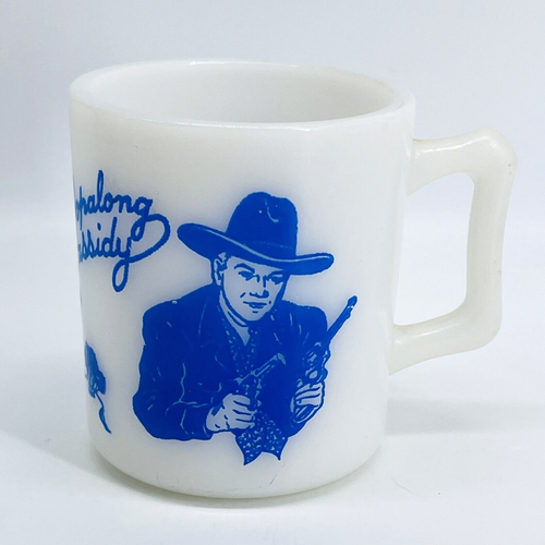 VTG MID-CENTURY HAZEL ATLAS BLUE HOPALONG CASSIDY KIDS MILK GLASS MUG-WESTERN - Bild 1 von 7