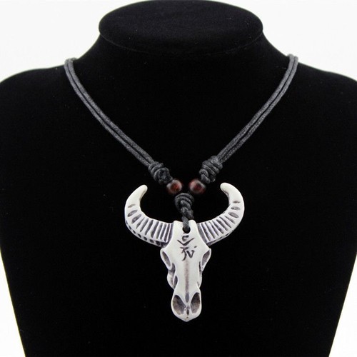 Collane Ciondolo Teschio Tribale - Ciondolo Perline di Legno Amuleto Testa di Toro Mucca Choker - Foto 13 di 14