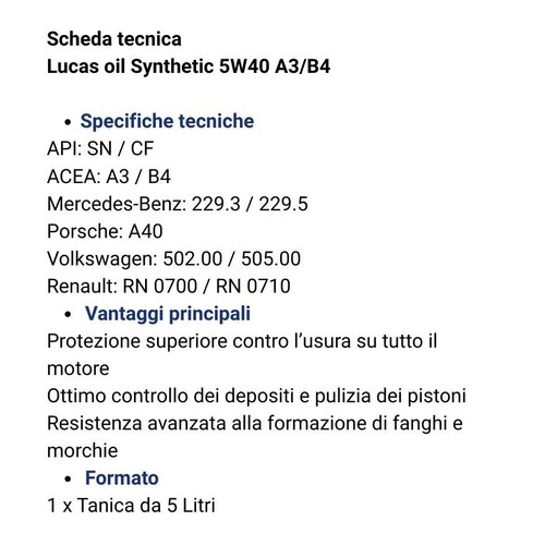 Lucas Oil 5W-40 A3/B4 Olio Motore Sintetico 5 litri API SN/CF MB 229.5 VW 502.00 - Bild 2 von 4