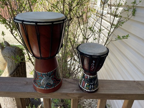 Djembe 2 Pc Drum Set-11.5”-7.25” Hand Carved Solid Wood-Hand Painted -Home decor - Picture 1 of 14
