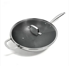 Lexi Home Tri-Ply Stainless Steel Diamond Non-Stick 5 QT Wok With Glass Lid New