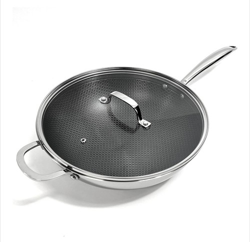 Lexi Home Tri-Ply Stainless Steel Diamond Non-Stick 5 QT Wok With Glass Lid New