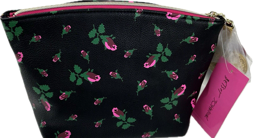 Betsey Johnson Black Pink Rosebud T Bottom Clam Pouch Make Up Cosmetic Pouch Bag - Picture 2 of 5