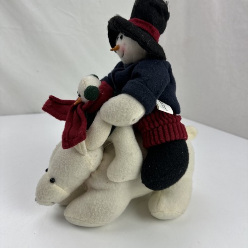 Snowman & Baby Snowman Riding a Polar Bear 11" Plush Christmas Holiday Deco - Picture 2 of 5