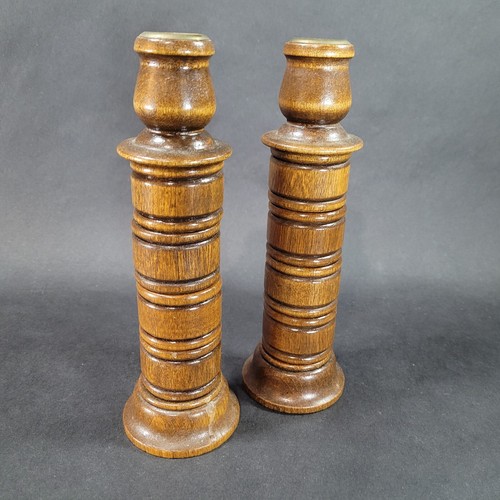 Mid Century Wood Candle Holders With Hidden Napkin Rings Pair 8 in tall 8 rings - Picture 3 of 8