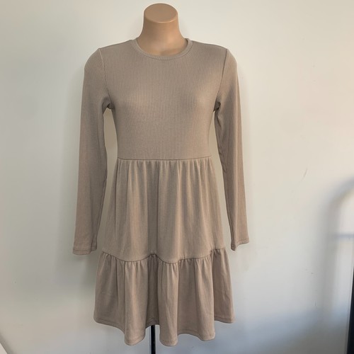 IDS Taupe Ribbed Tiered Mini Dress AU 10 Long Sleeve Soft Knit Babydoll Style