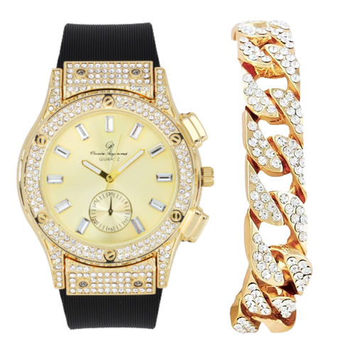 Bling-ed Hip Hop Watch & Jewerly Set w/Cuban Bracelet, Earrings &Ring - GJM13 SB - Picture 2 of 99